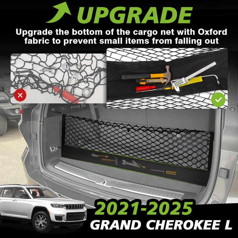 Muslogy Envelope Style Trunk Cargo Net Compatible with 2021-2024 2025 Jeep Grand Cherokee L Accessories Custom Fit Trunk Organizer Upgraded Storage Luggage Net with Metal Hooks (3-Row GCL) - Image 3